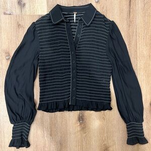Free People Black Blouse with White Stripes
